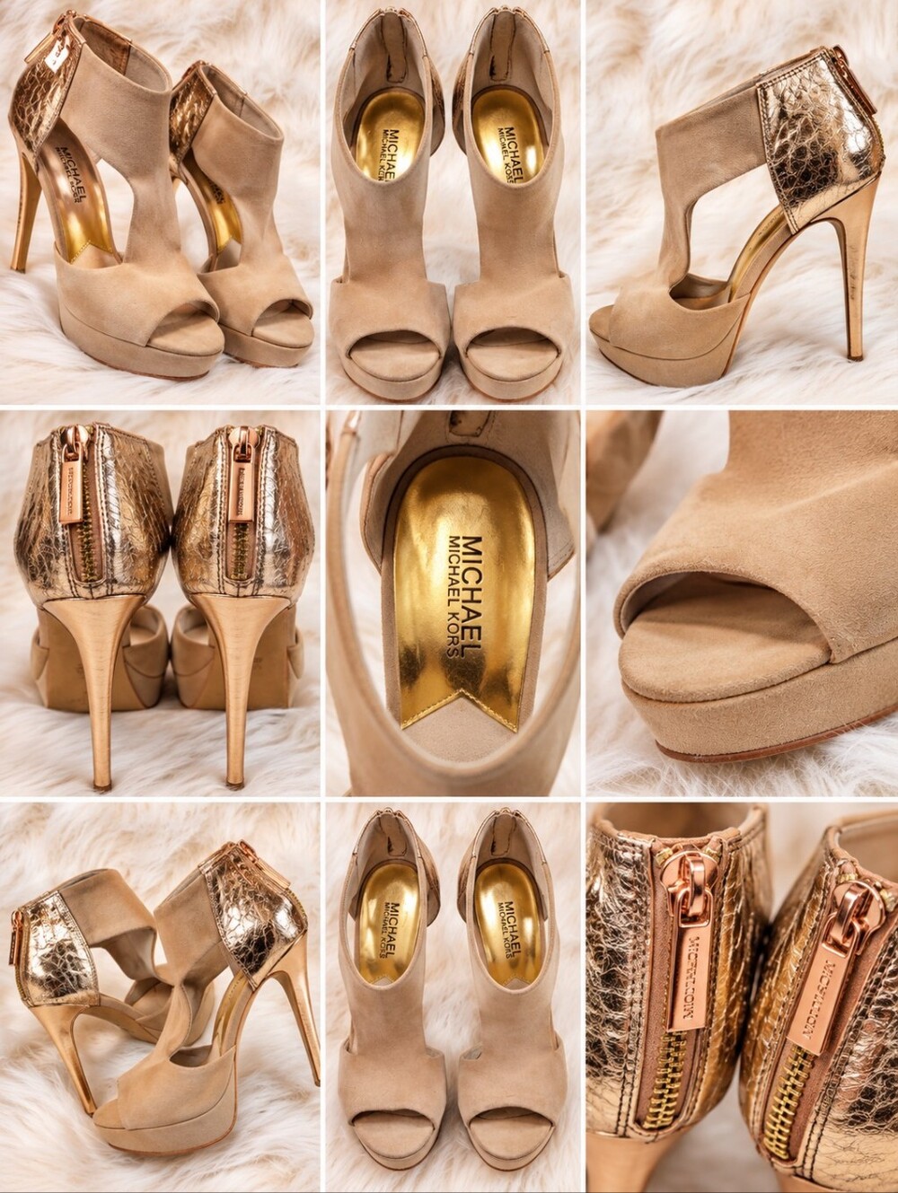 Michael Kors Open Toe Beige Rose Gold Leather Platform Stiletto Heels Size 9